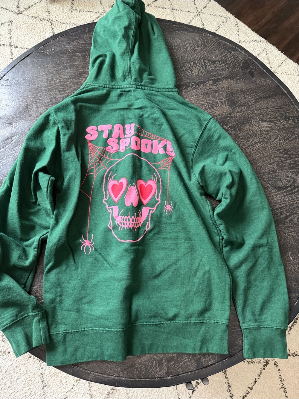 Womens Green 'Stay Spooky' Skull Graphic Hoodie